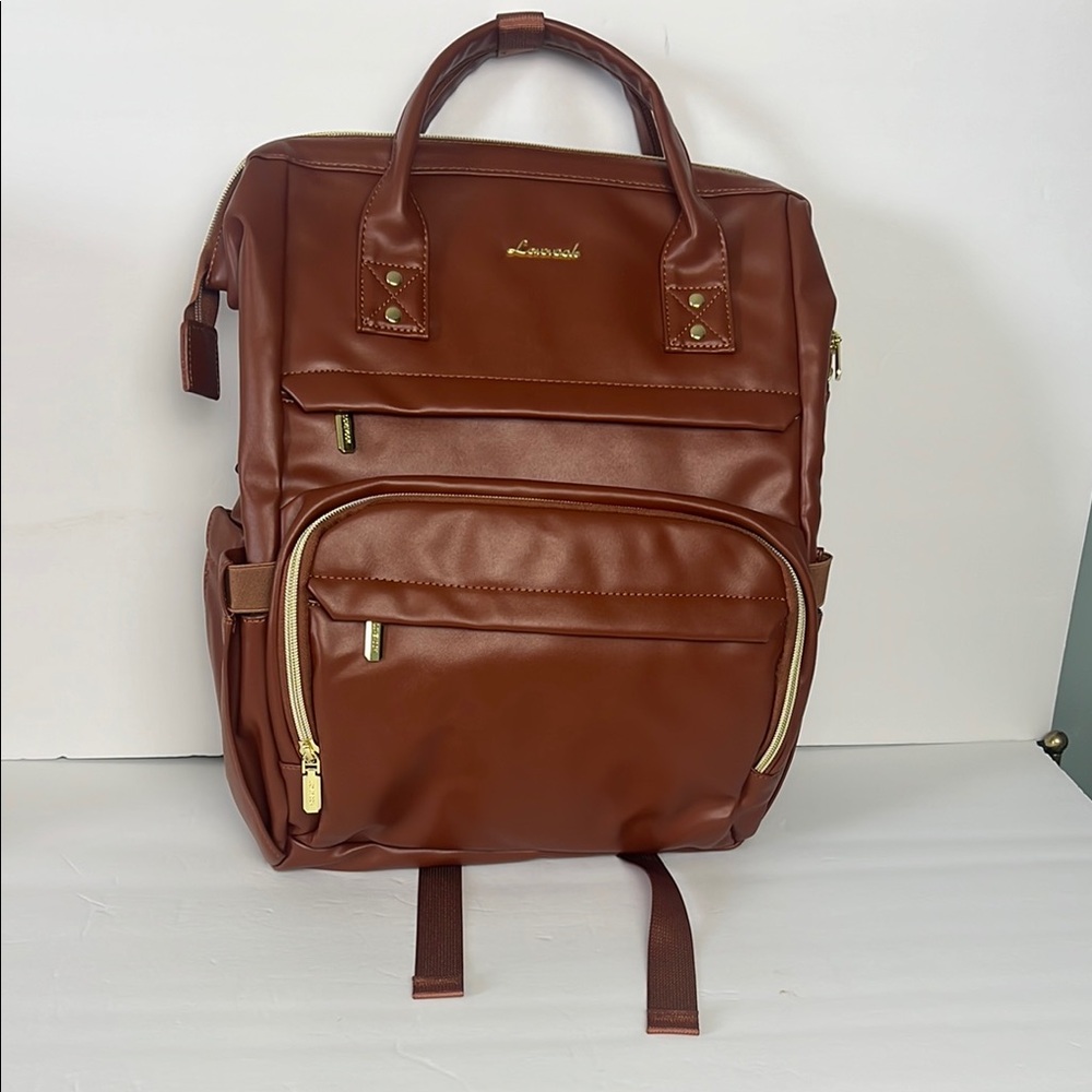 Lovevook Caramel Brown Leather-Look Unisex Laptop USB Backpack